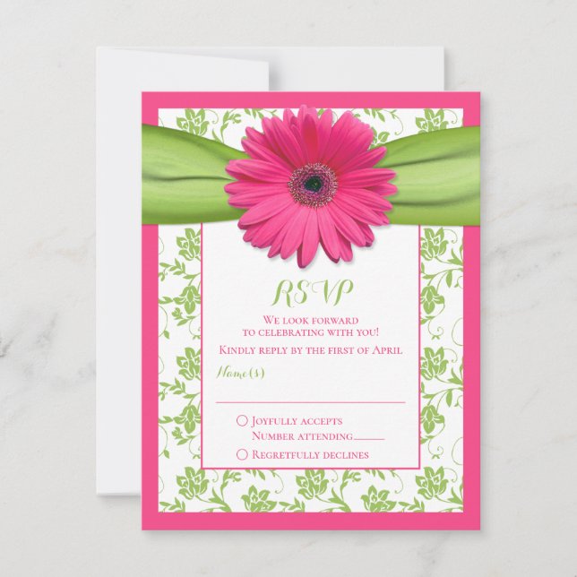 Carte de réponse Mariage damassé rose et vert Flor (Devant)