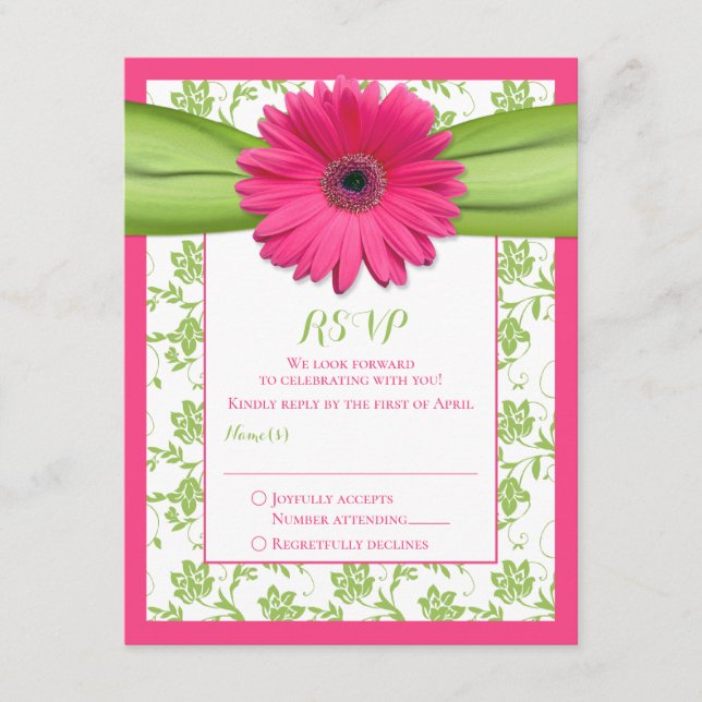 Carte de réponse Mariage damassé rose et vert Flor (Devant)
