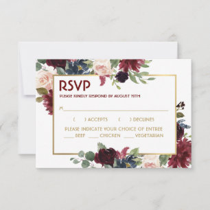 Carte de réponse Mariage floral bleu Merlot or