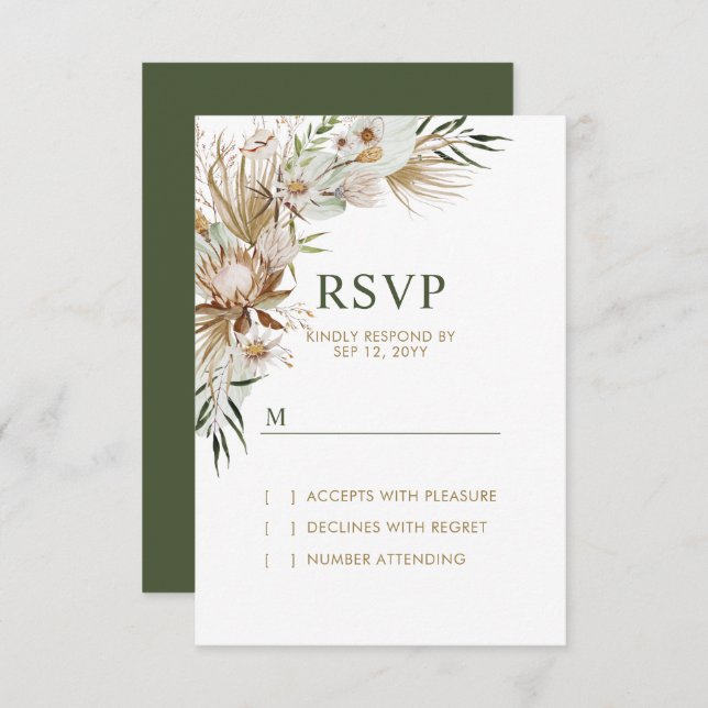 Carte de réponse Mariage Gold & Green Boho (Devant / Derrière)