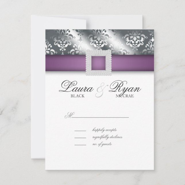 Carte de réponse Mariage RSVP Bijou d'argent viole (Devant)