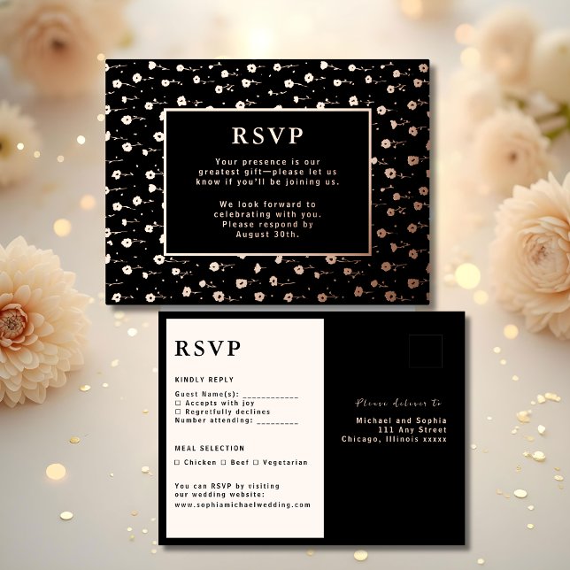 Carte de réponse Mariage RSVP Floral moderne Noir (Créateur téléchargé)