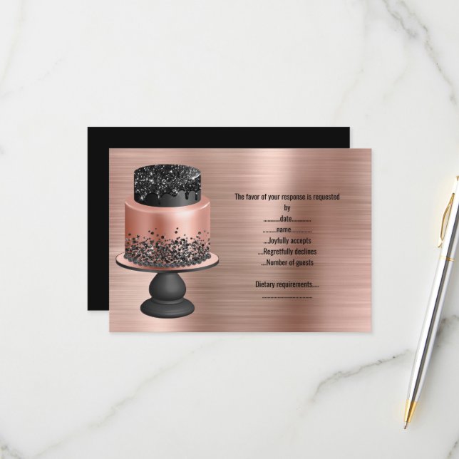 CARTE DE RÉPONSE MÉTALLISÉE GÂTEAU OR ROSE NOIR (Devant/Arrière en situation)