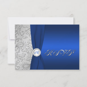 Carte de réponse monogramme en damas marine et arg