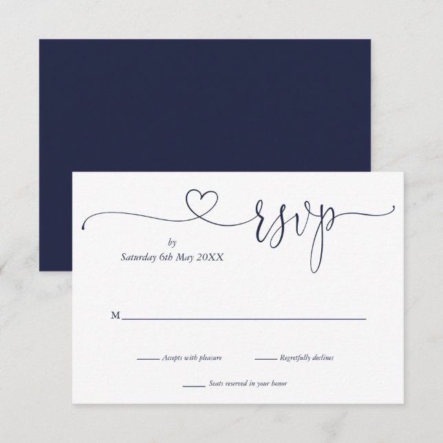 Carte de réponse Navy Blue et blanc cœur en écritu (Devant / Derrière)
