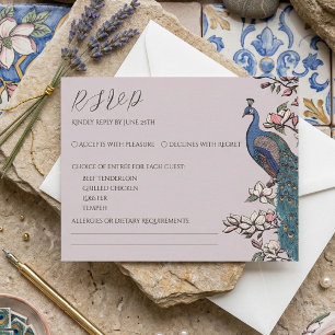 Carte de réponse Paon Rose Pâle Élégante