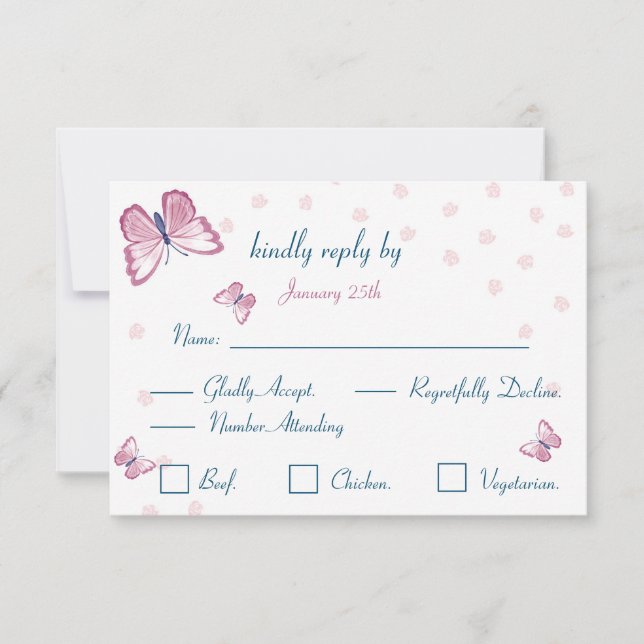 carte de réponse papillons roses bleu marine RSVP (Devant)