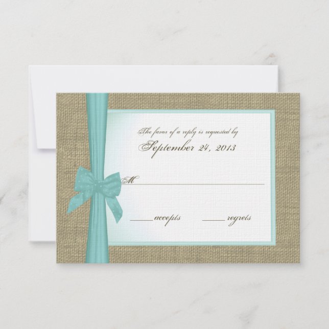 Carte de réponse personnalisée Burlap et Aqua Bow (Devant)