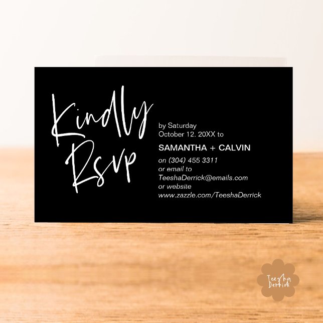 Carte de réponse pour invitation de mariage minima (Kindly RSVP Modern Minimalist Wedding Dinner Invites Reminder Enclosed Card Phone Email Classy Black)