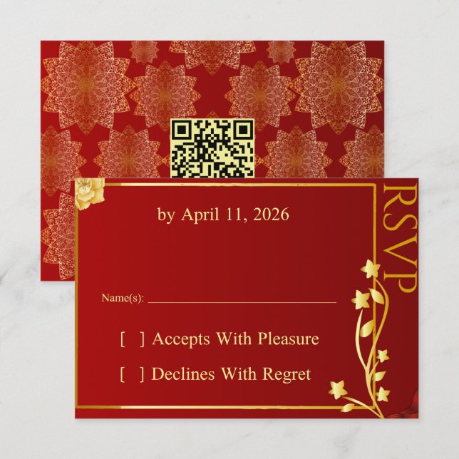 Carte de réponse QR Code Mandala Rouge Or Luxe (Devant / Derrière)
