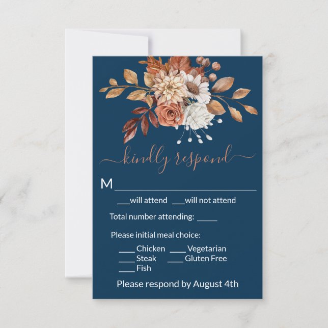 Carte de réponse RSVP à l'encart bleu marine Flora (Devant)