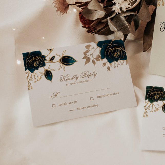Carte de réponse RSVP Aquarelle Or et Roses verts (Créateur téléchargé)