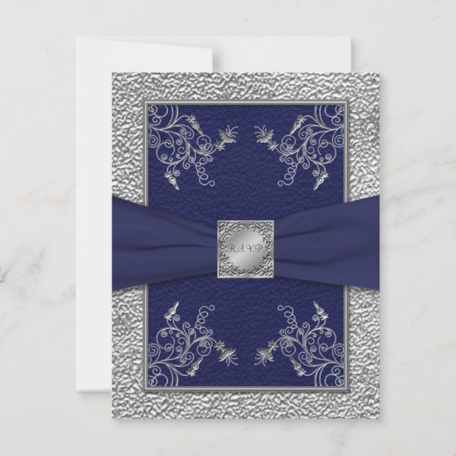 Carte de réponse RSVP avec ruban imprimé bleu mari (Devant)
