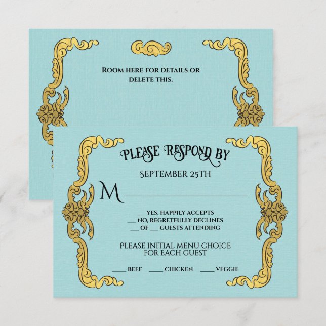 Carte de réponse RSVP Baroque Regency Faux Gold Bl (Devant / Derrière)