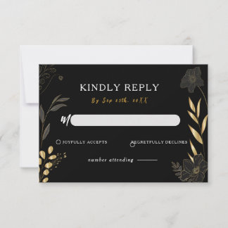Carte de réponse RSVP Black Floral Elegant Wedding