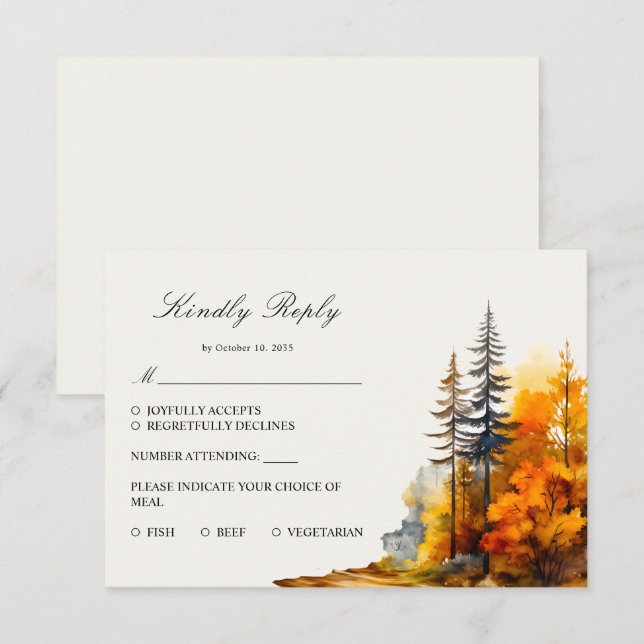 Carte de réponse RSVP Bois d'automne, pins (Devant / Derrière)