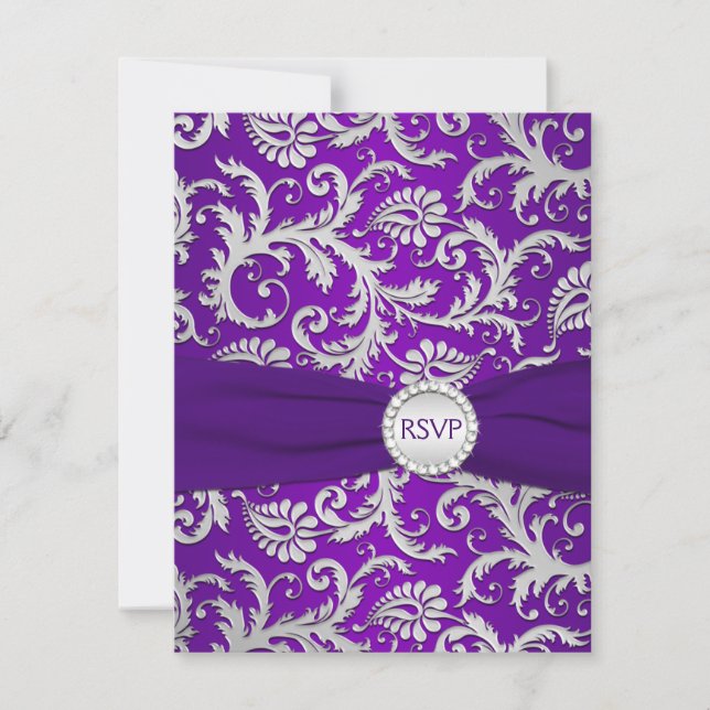 Carte de réponse RSVP damassé violet royal et arge (Devant)