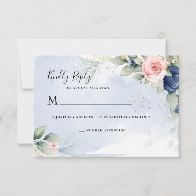 Carte de réponse RSVP de mariage bleu marine et ro (Devant)