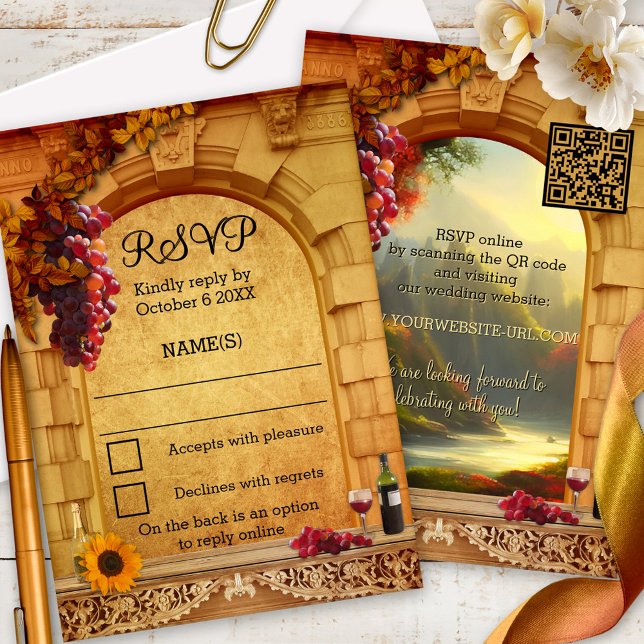 Carte de réponse RSVP de vignoble ou de cave à vin (Classic Italian vineyard or winery RSVP card featuring a Roman arch with grapes and wine - QR code)