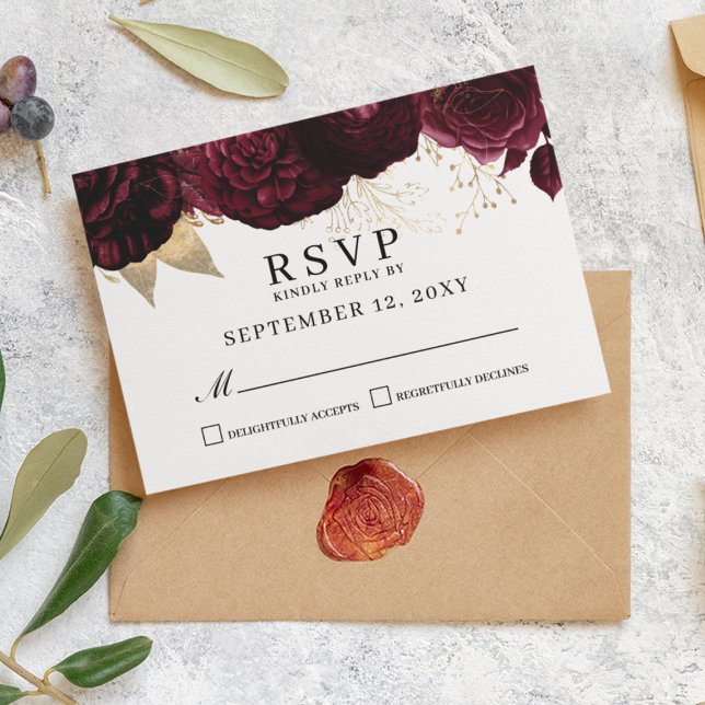 Carte de réponse RSVP élégante en burgundy floral  (Créateur téléchargé)