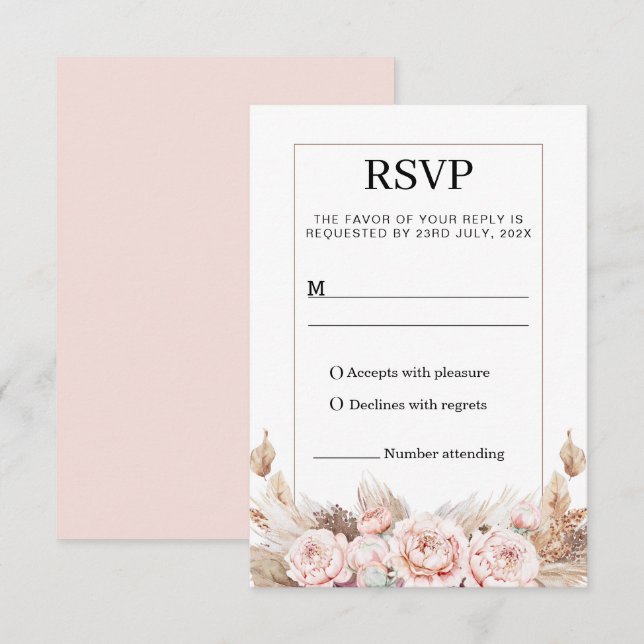 Carte de réponse RSVP Fleurs de pivoine Pampas Blu (Devant / Derrière)