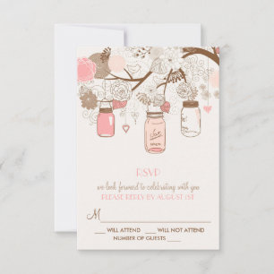 Carte de réponse RSVP Fleurs et pots Mason roses v