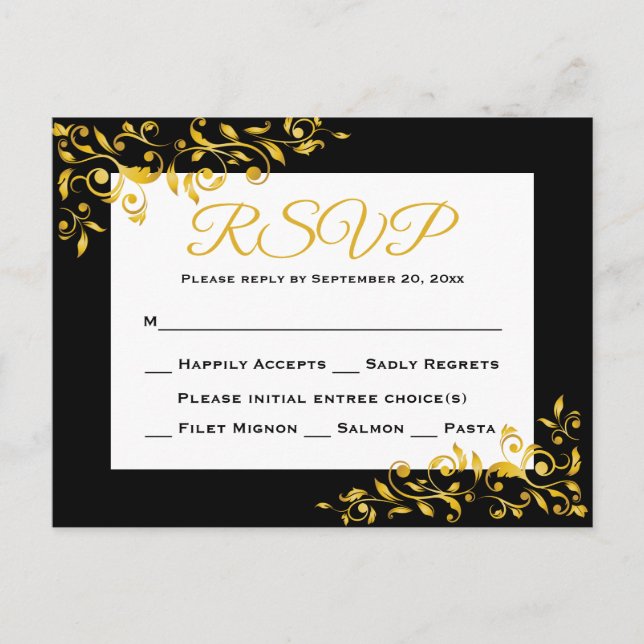 Carte de réponse RSVP Gold et Black Floral (Devant)