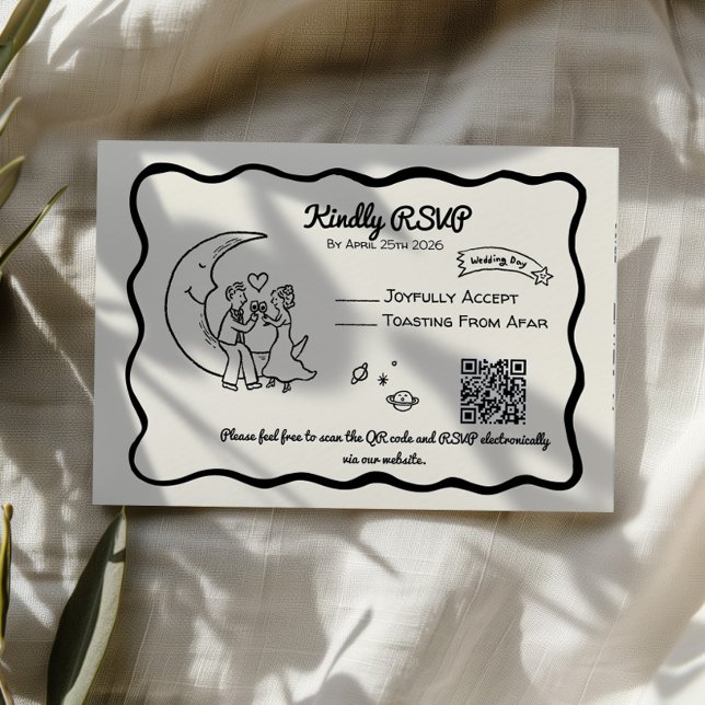 Carte de réponse RSVP Lune Fantaisiste (Whimsical moon RSVP card, modern RSVP, Quirk RSVP reply card)