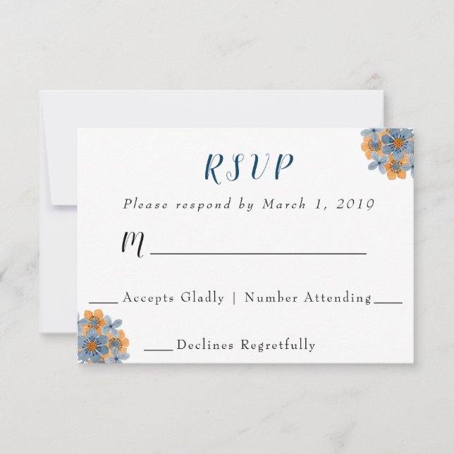 Carte de réponse RSVP mariage aux fleurs bleues et (Devant)
