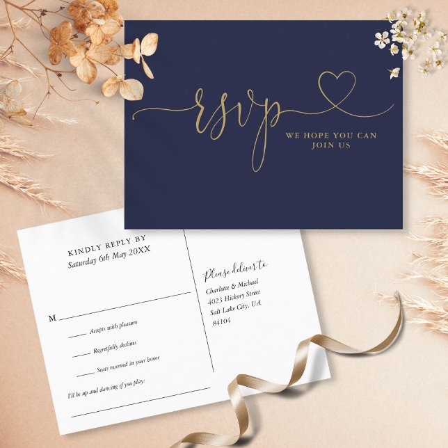 Carte de réponse RSVP Navy et cœur en or écriture  (Créateur téléchargé)