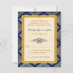Carte de réponse RSVP Navy, Ivoire, Paillettes Dor