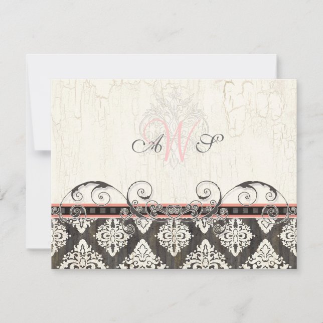 Carte de réponse RSVP noir 'n blanc Damask (rose) (Devant)
