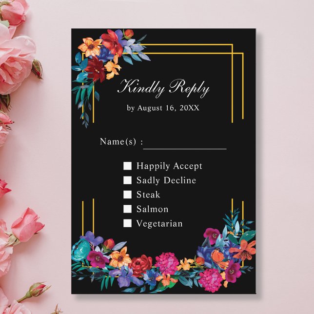 Carte de réponse RSVP noire pour mariage floral Fi (Créateur téléchargé)