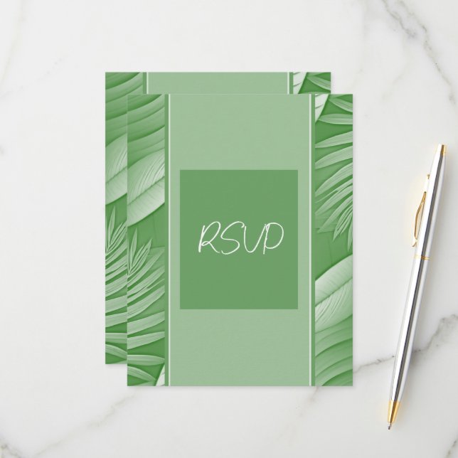Carte de réponse RSVP pour le mariage à thème vert (Devant/Arrière en situation)