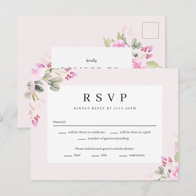 Carte de réponse RSVP pour mariage floral au jardi (Devant / Derrière)