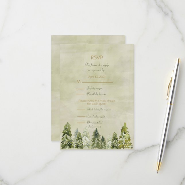 Carte de réponse RSVP pour un mariage dans les pin (Devant/Arrière en situation)