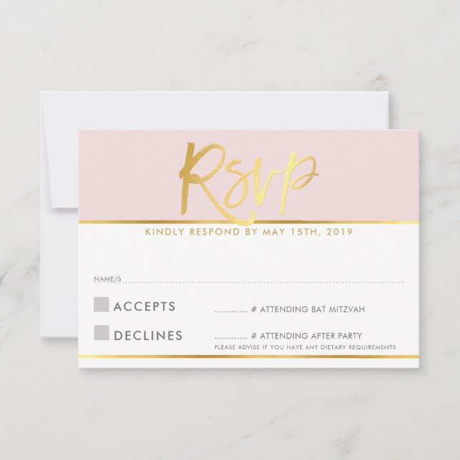 CARTE DE RÉPONSE RSVP rose blush pâle écriture dor (Devant)