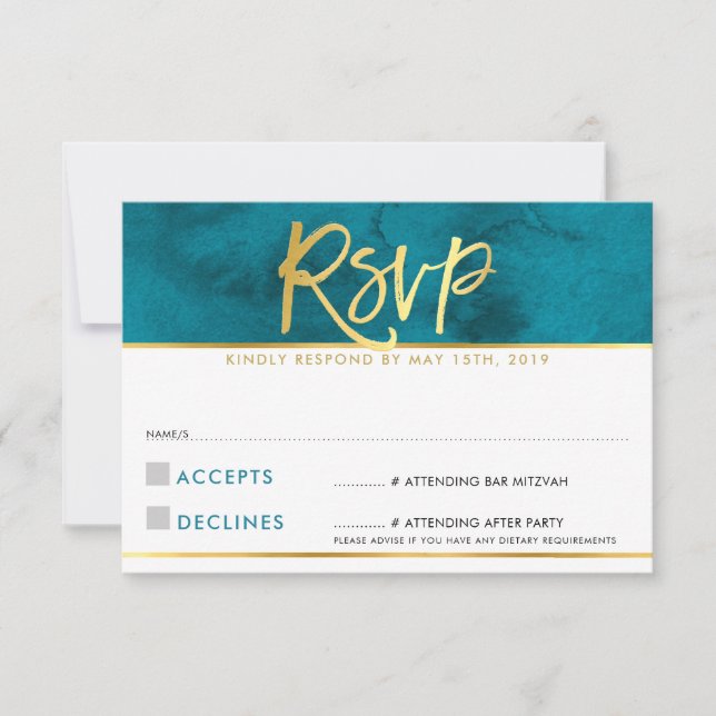 CARTE DE RÉPONSE RSVP script turquoise or bleu mod (Devant)