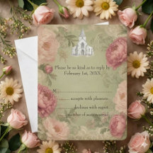 Carte de réponse vert sauge, florale et dentelle