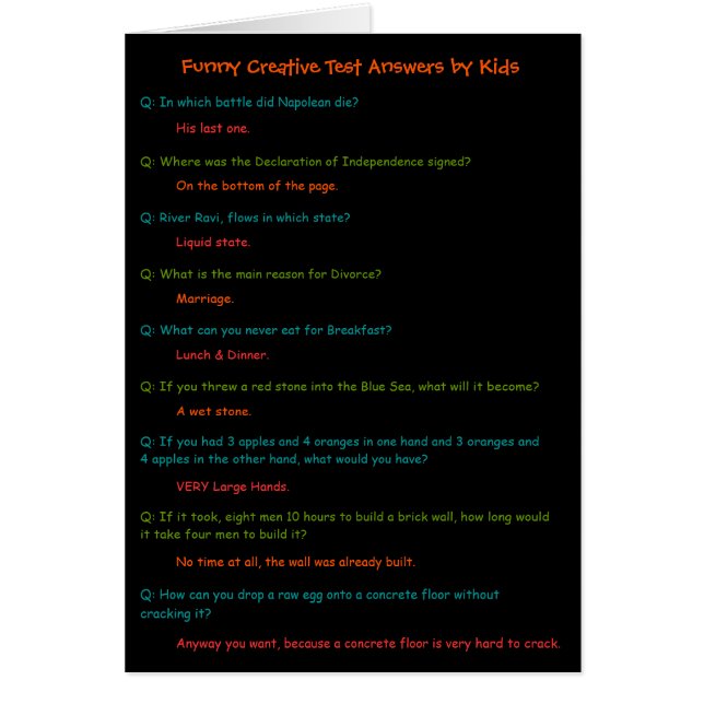 Carte de réponses aux tests pour enfants amusants  (Devant)