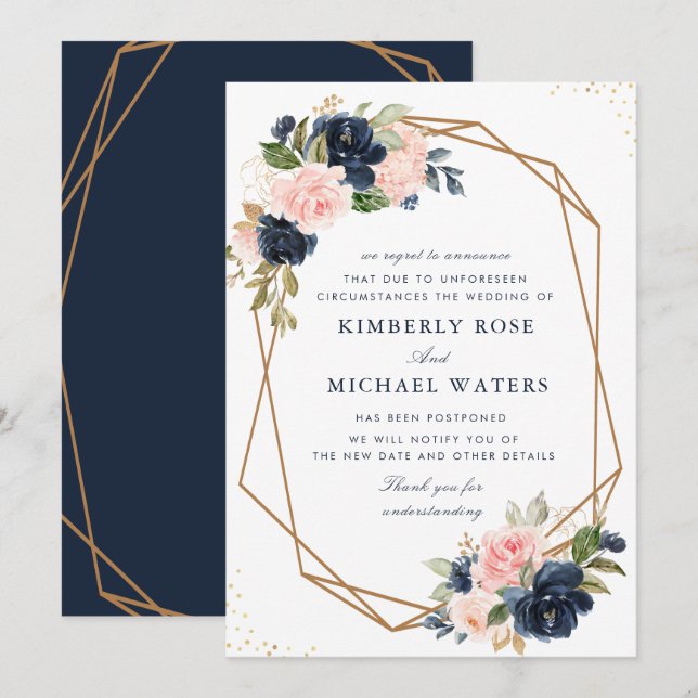 Carte de report de mariage à fleurs Navy et blush (Devant / Derrière)