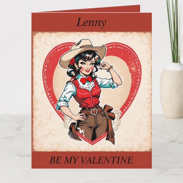 Carte de Saint-Valentin rétro Cowgirl éditable (Devant)