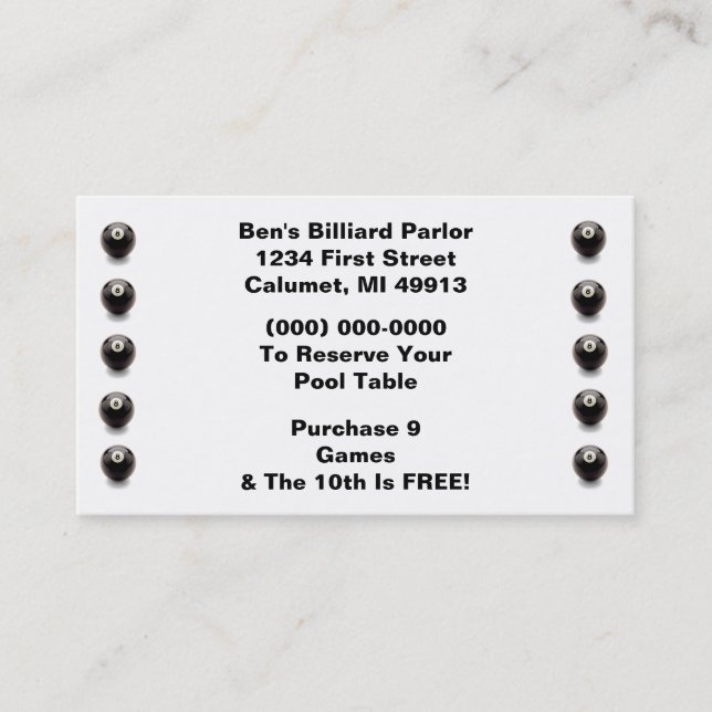 Carte de salle de billard de la boule huit du (Devant)