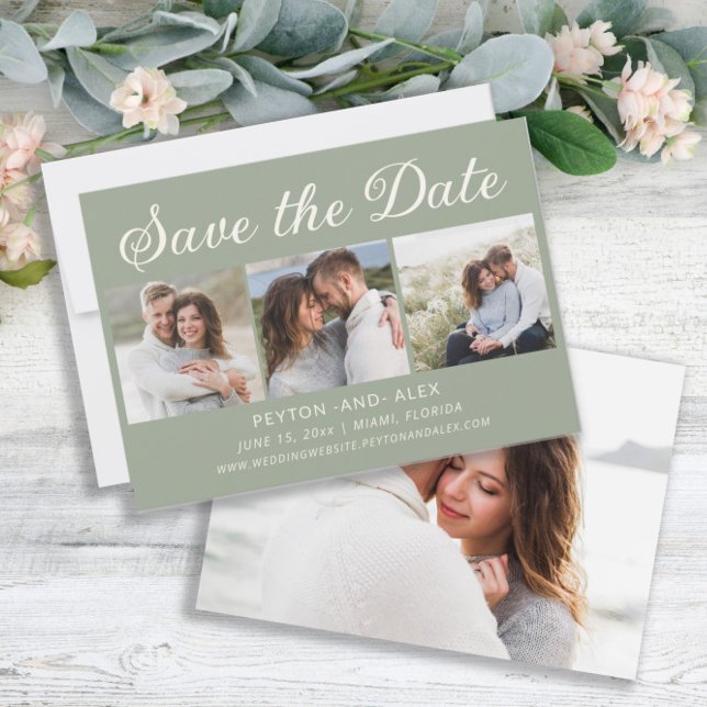 Carte de sauvegarde de date de mariage 4-Photo 2 c (Sage green 4-photo wedding Save the Date card)