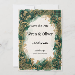 Carte de sauvegarde de date en tartan vert et or r