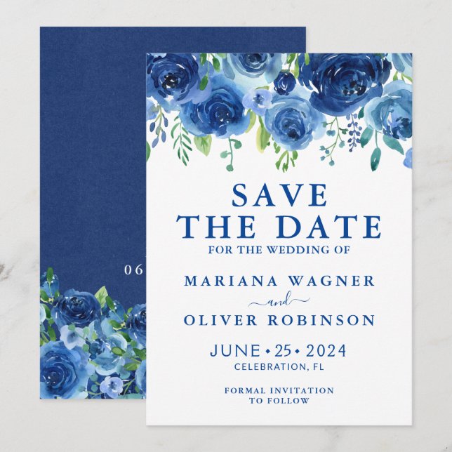 Carte de sauvegarde de date Fleurs aquarelles bleu (Devant / Derrière)
