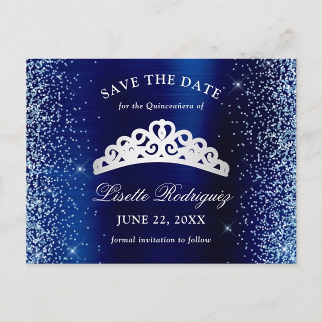Carte de sauvegarde de Quinceanera argent et bleu  (Devant)