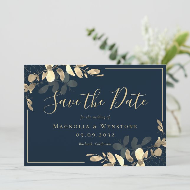 Carte de Save the Date Eucalyptus Or Navy Gold (Debout devant)