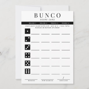 Carte de score simple Bunco noir et blanc à quatre