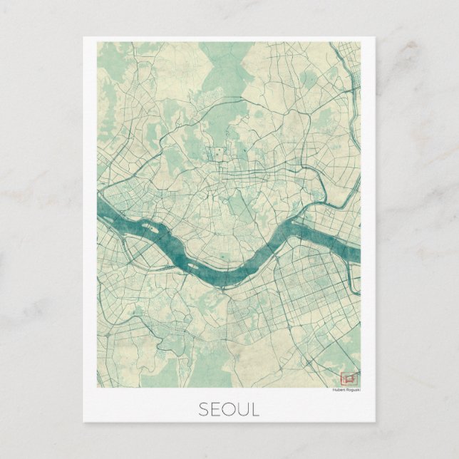 Carte de Séoul Bleu Aquarelle Vintage (Devant)
